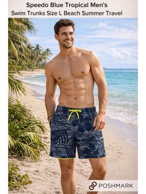Speedo Blue Tropical Men's Swim Trunks Size L Beach Summer Travel Cruise Pool